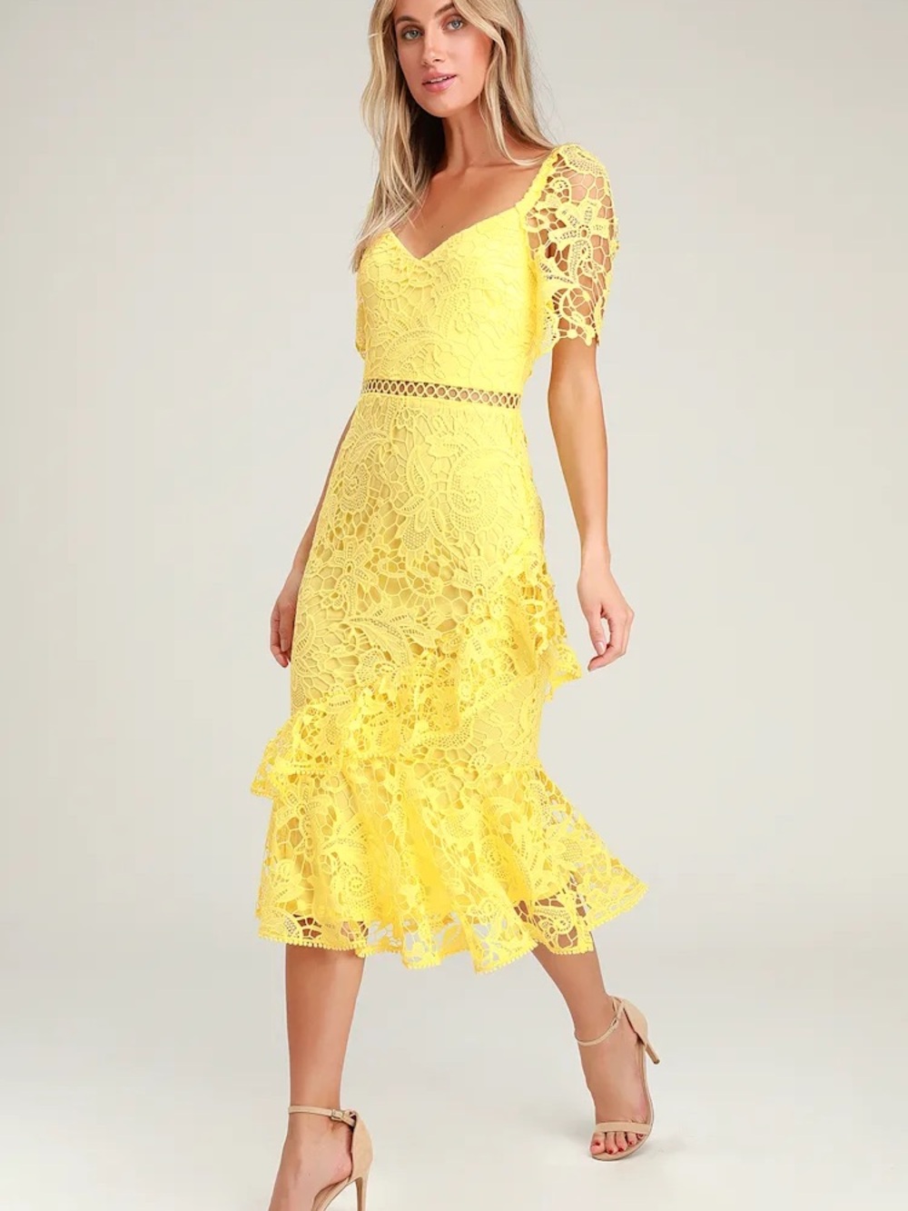 Lulu's Bright Yellow Lace Midi Dress